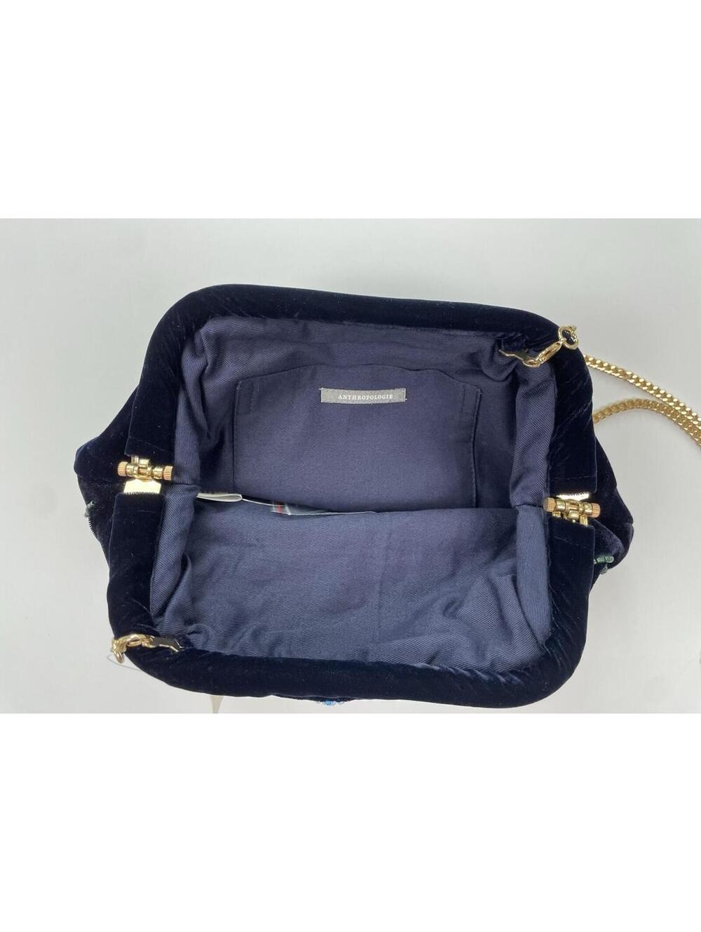 NWT Anthropologie Beaded Floral Velvet Clutch Shoulder Bag With Gold Chain Boho - Picture 6 of 9